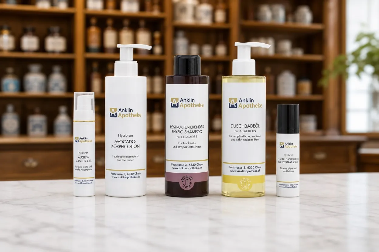 Anklin own brand products on the counter, with the historic wooden shelves behind
