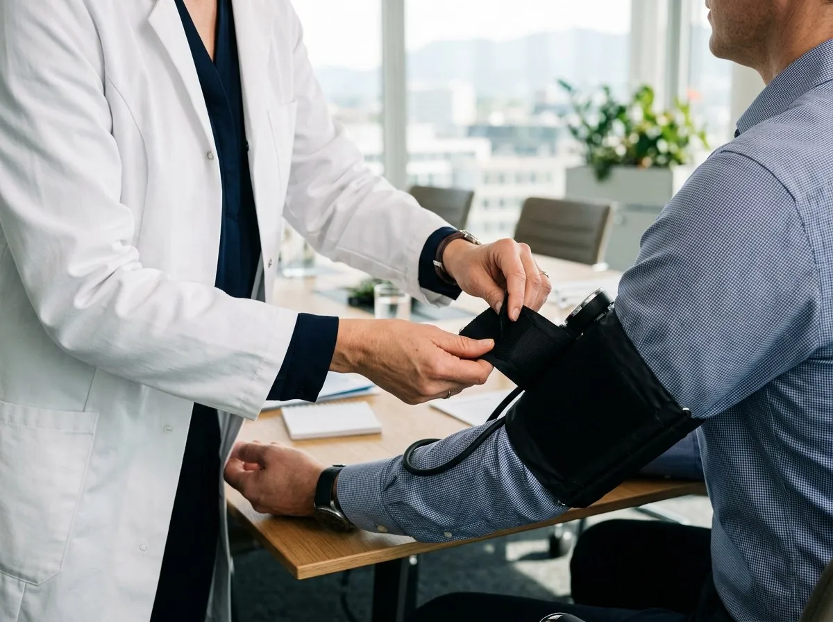 A blood pressure measurement at the workplace, a cuff being placed on an employee's arm