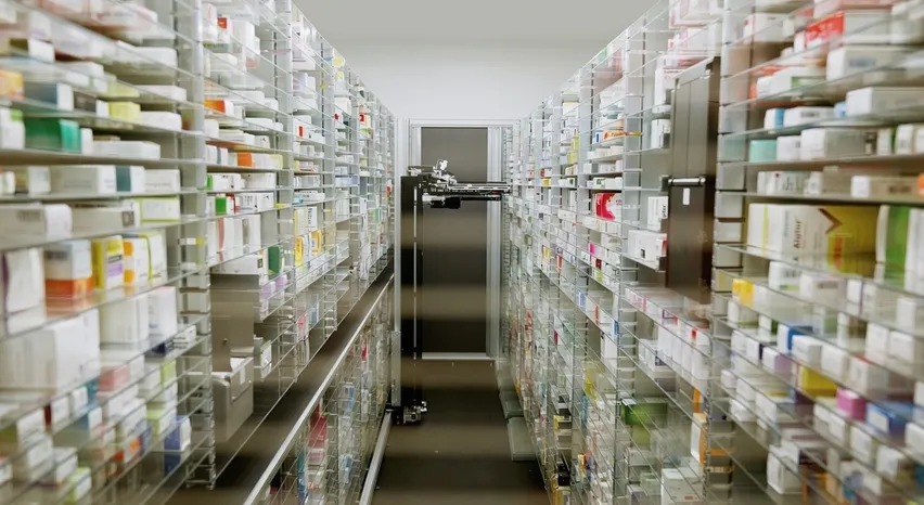 View along the shelving aisle of the storage robot full of medicine packs