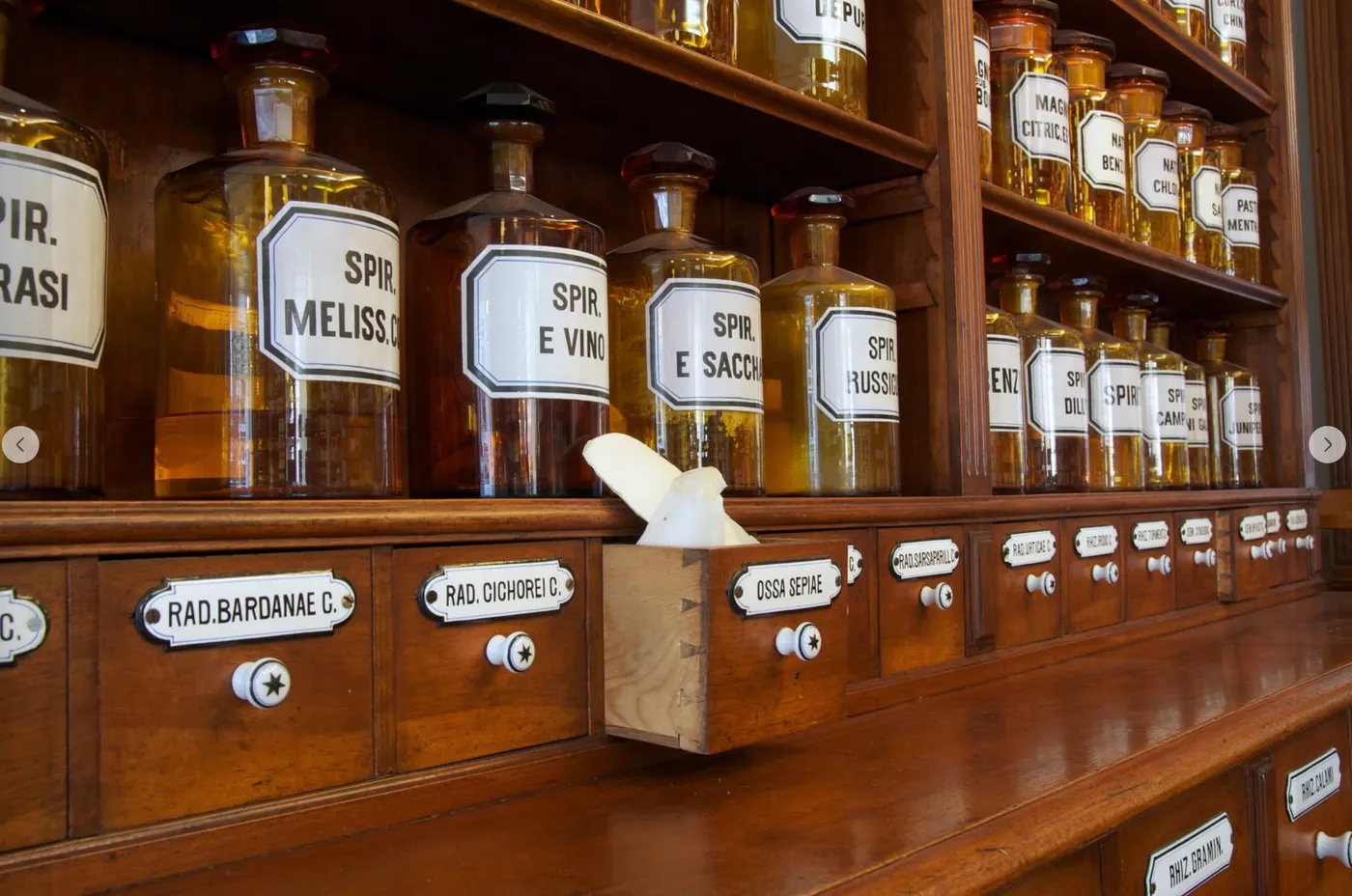 Historic apothecary jars on the dispensary shelf
