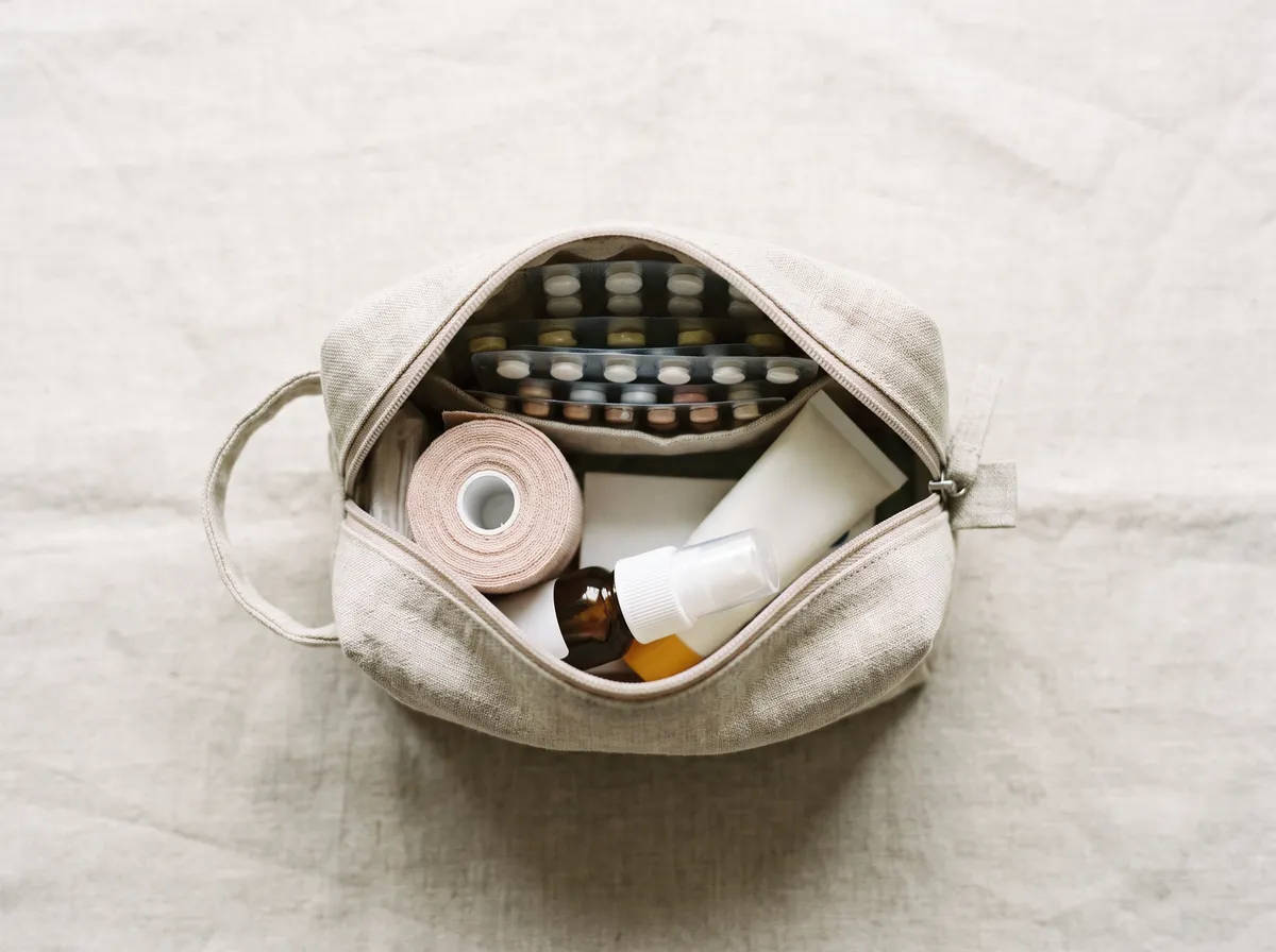 An open wash bag with plasters, gauze and a small tube, seen from above