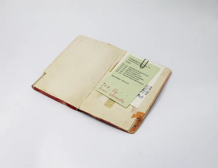 Handwritten prescription book of Anklin Apotheke, lying open