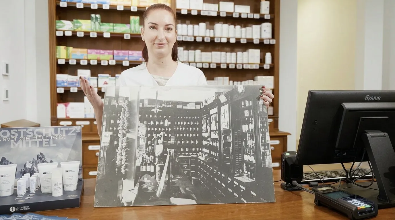 A member of staff holding up a historic photograph of the old dispensary